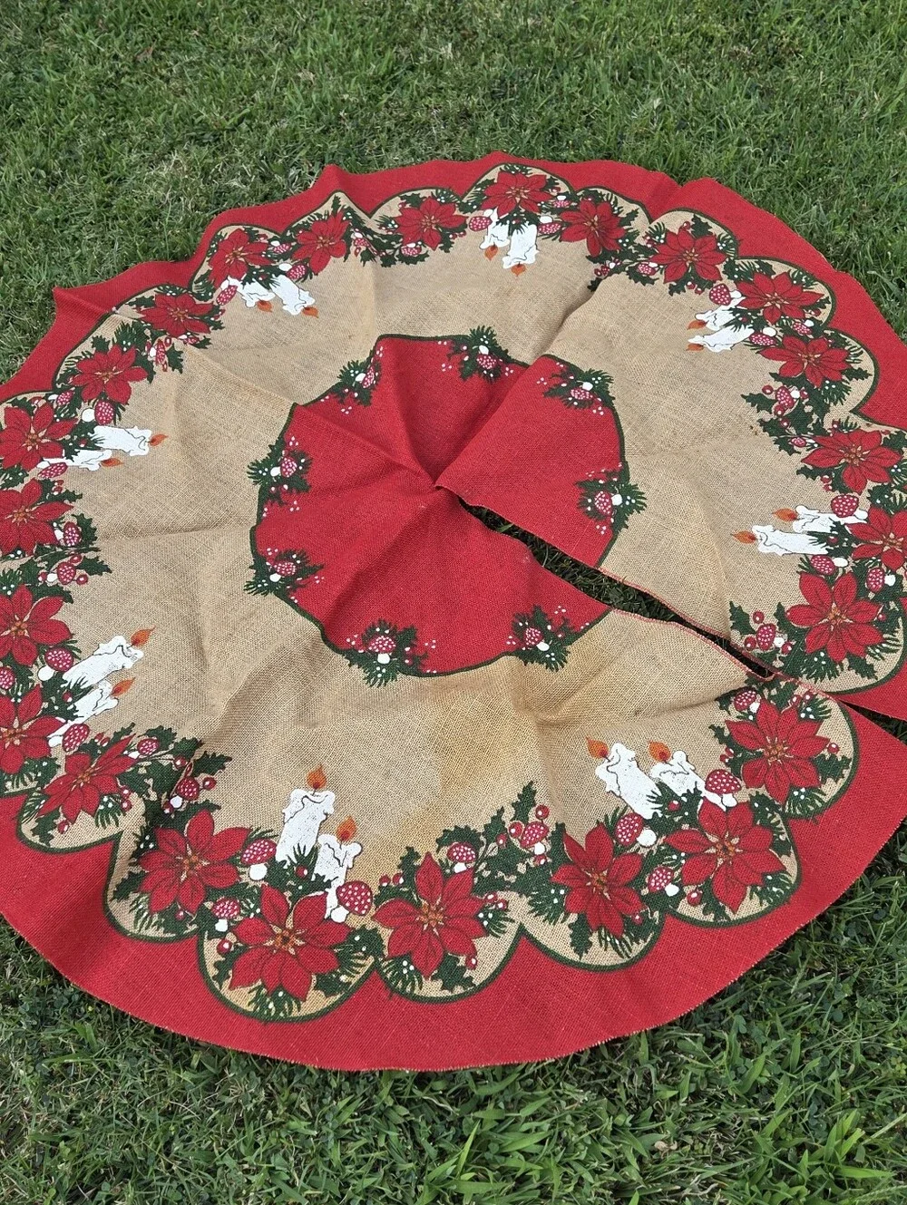 Swedish Burlap Christmas Tree Skirt jute Round Poinsettia mushrooms Vintage flaw